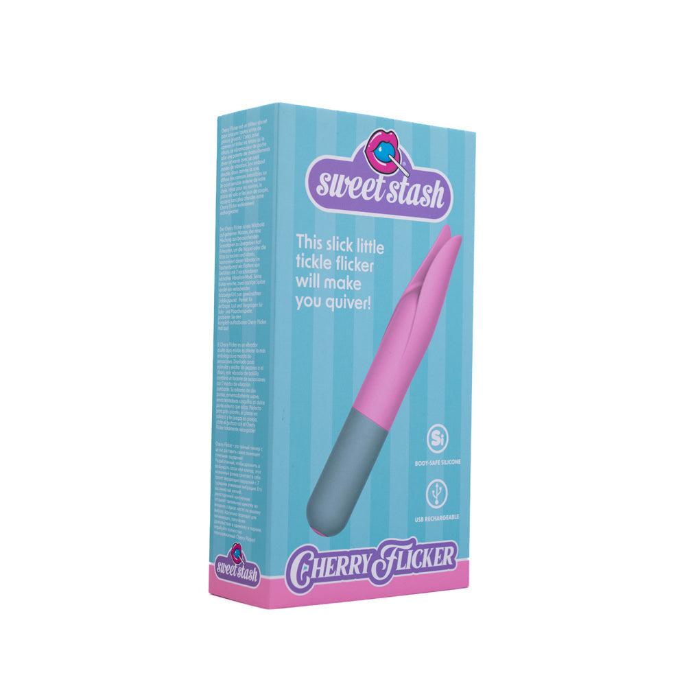 Cherry Flicker rechargeable silicone clit tickler on a blue striped box.