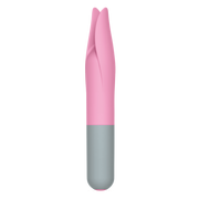 Pink and gray silicone clit tickler with a petal-shaped tip.