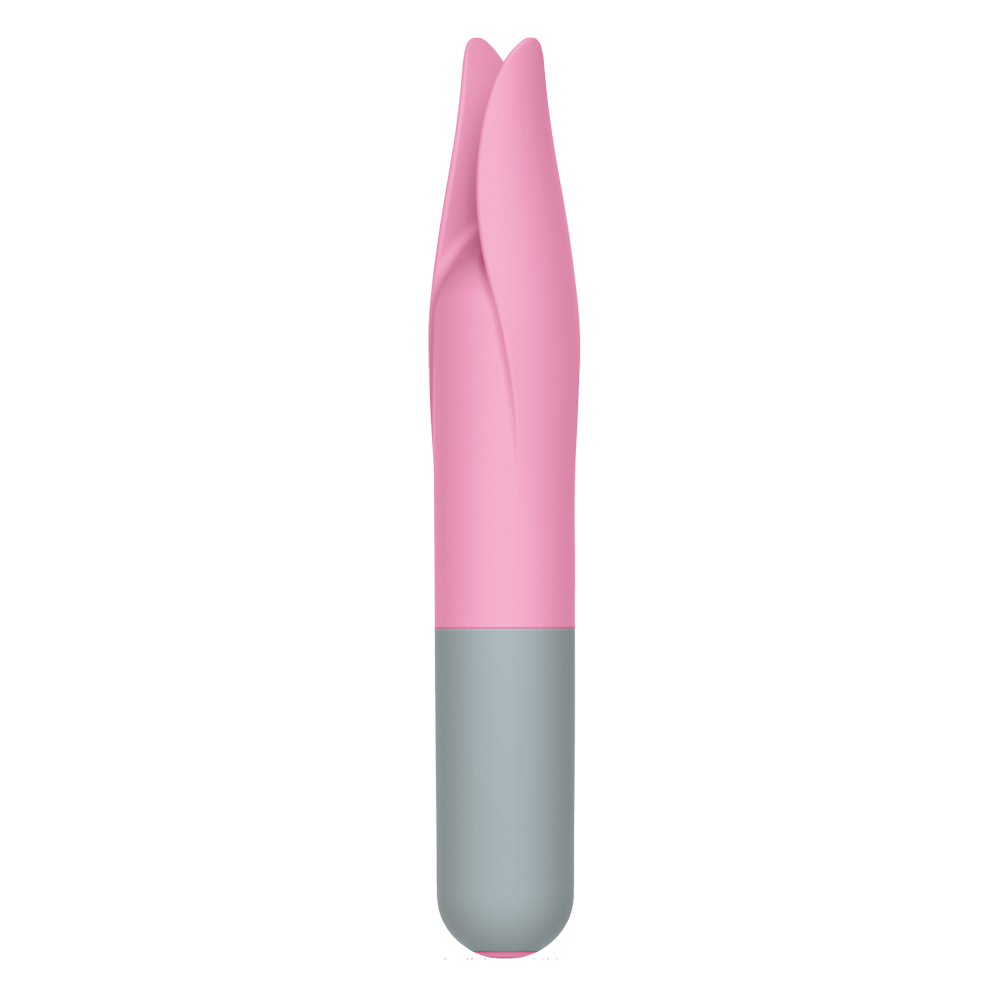 Pink and gray silicone clit tickler with a petal-shaped tip.
