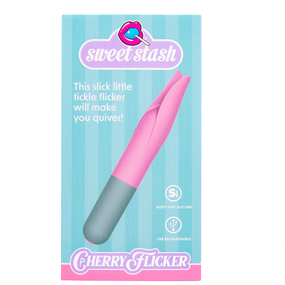 Pink and grey silicone clit tickler with "Sweet Stash" and "Cherry Flicker" branding.
