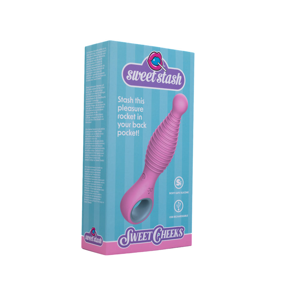 Pink ribbed anal vibrator in its box with "Sweet Stash" branding.