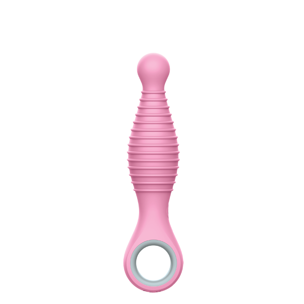 Pink ribbed anal vibrator with a rounded tip and a finger loop.