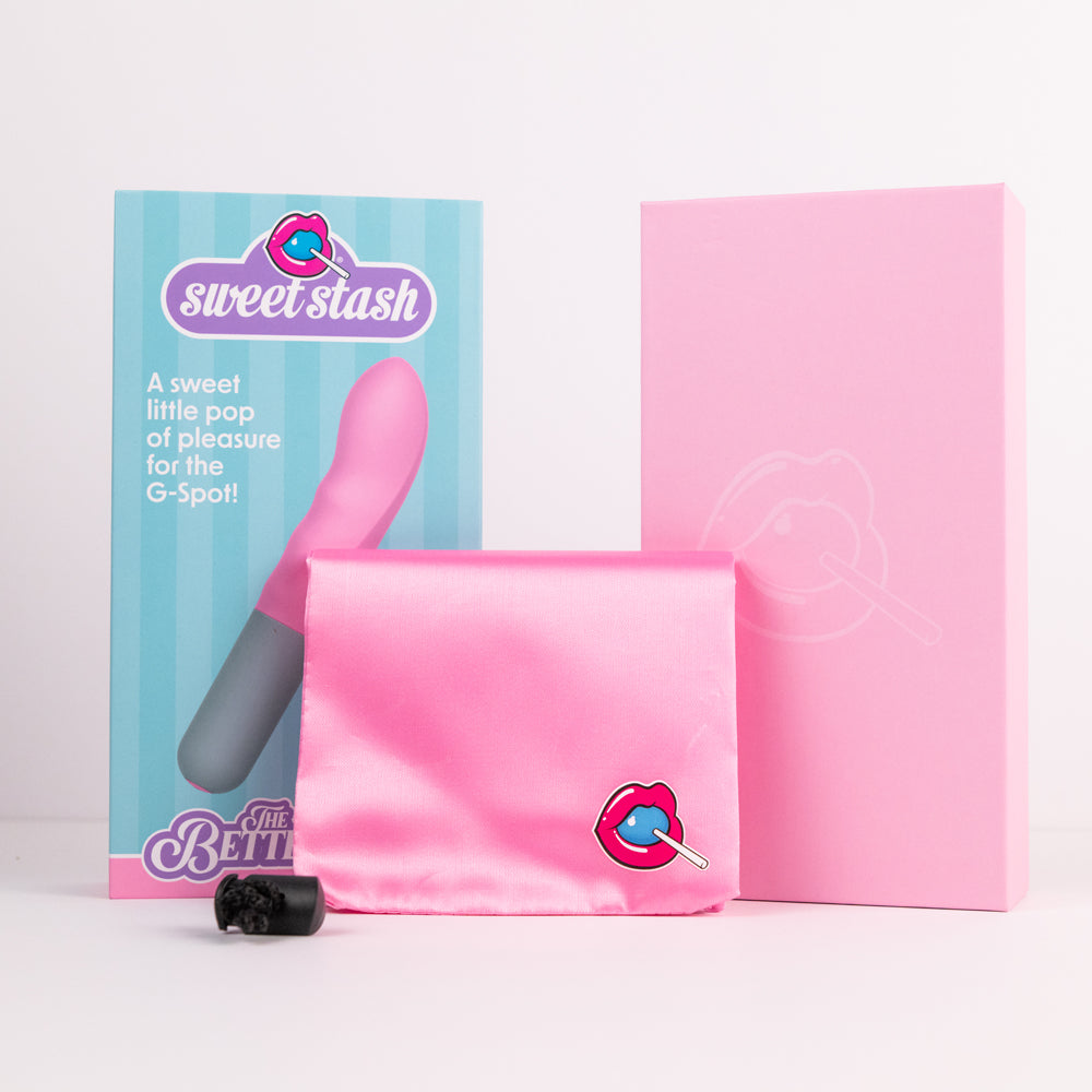 A pink G-spot vibrator with a blue and pink striped box and a pink satin pouch.
