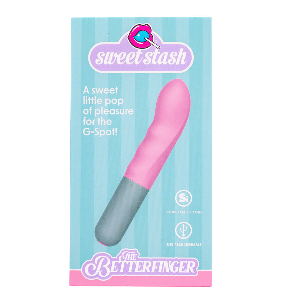 Pink and grey G-spot vibrator with "sweet stash" branding.