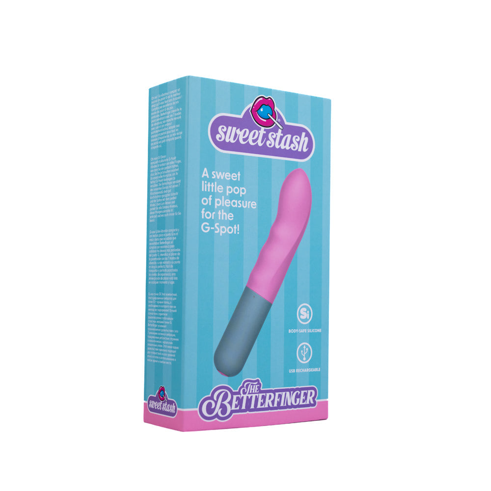 Pink and grey G-spot vibrator on a box with text.