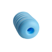 A blue ribbed masturbation sleeve with a hole in the center.
