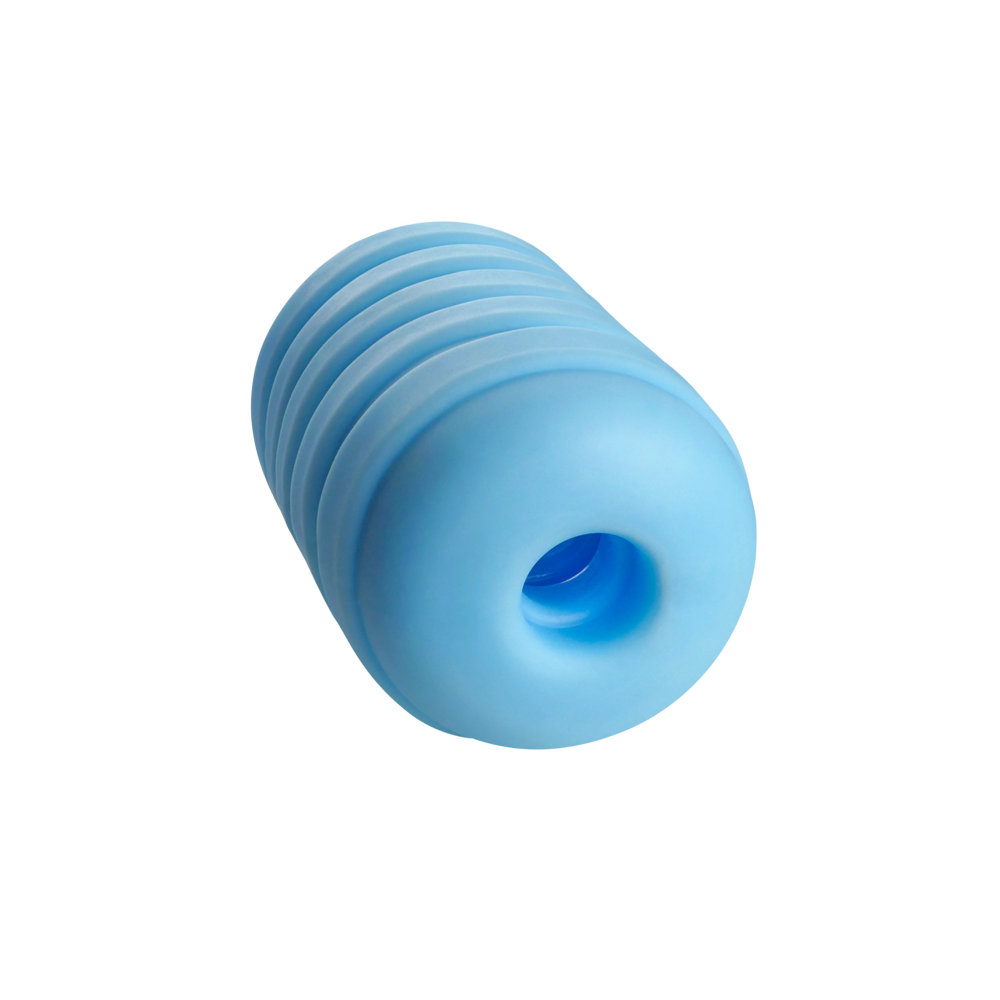 A blue ribbed masturbation sleeve with a hole in the center.