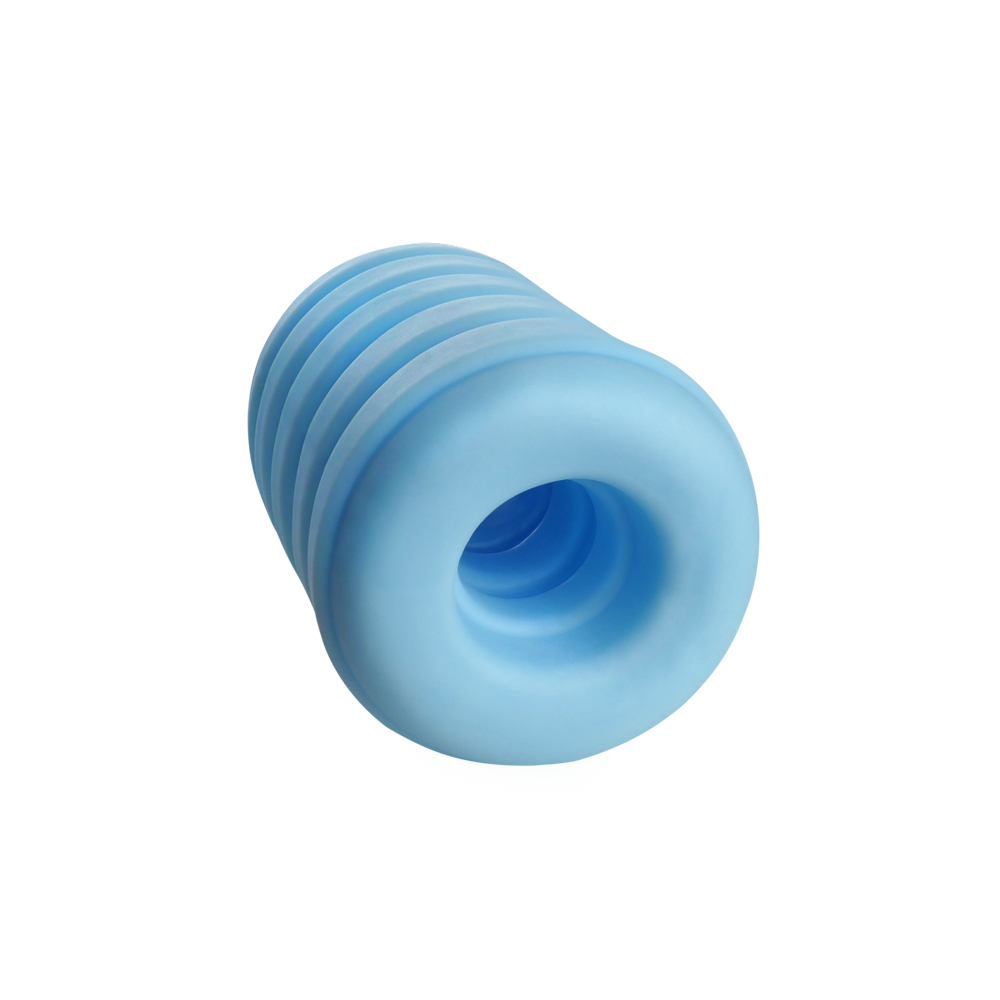 A light blue ribbed masturbation sleeve with a hollow center.