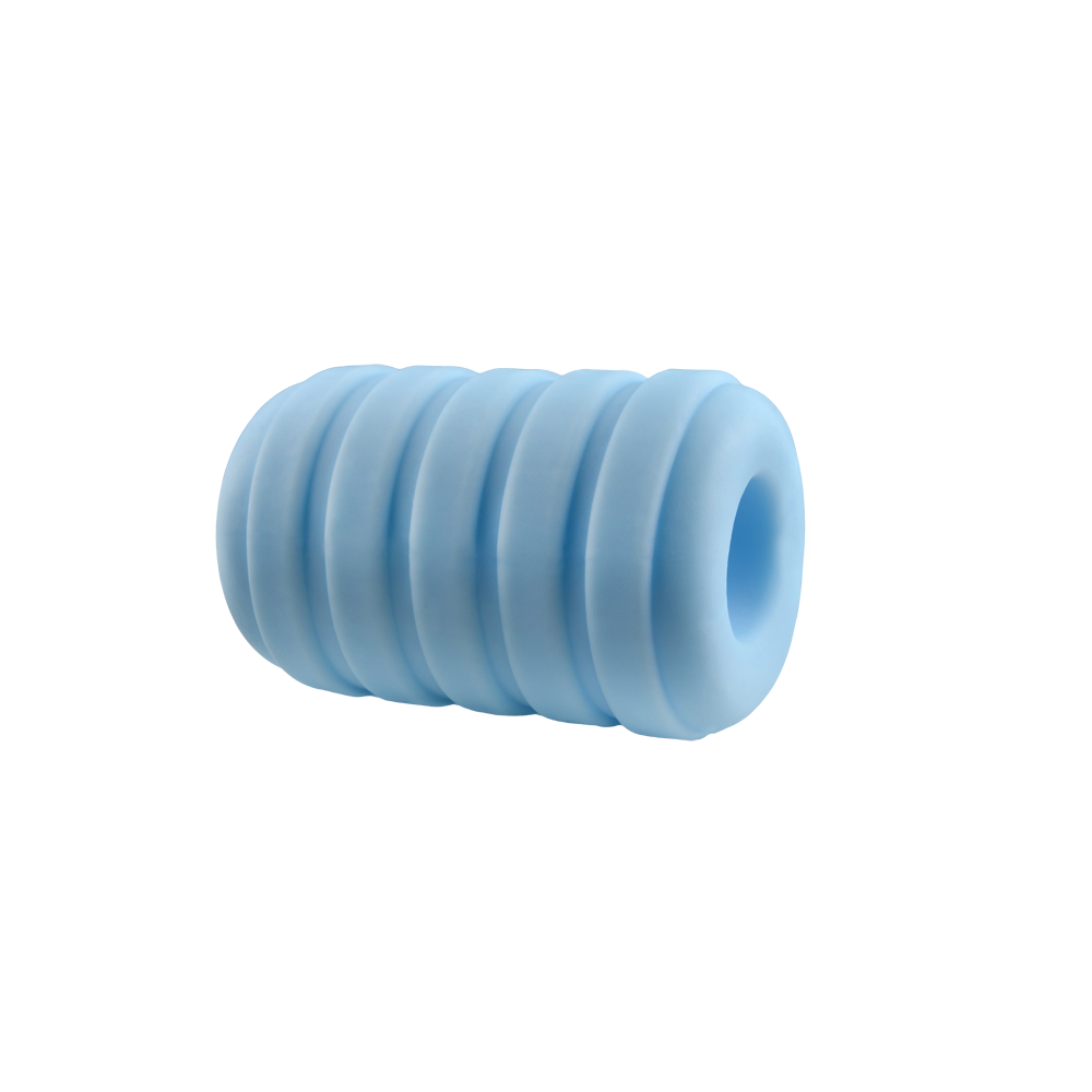 Blue ribbed masturbation sleeve with a hollow center.