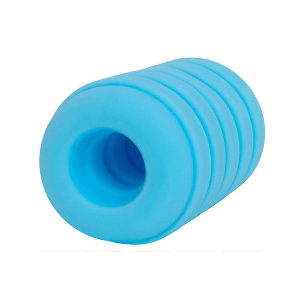 Blue ribbed masturbation sleeve with a hollow center.