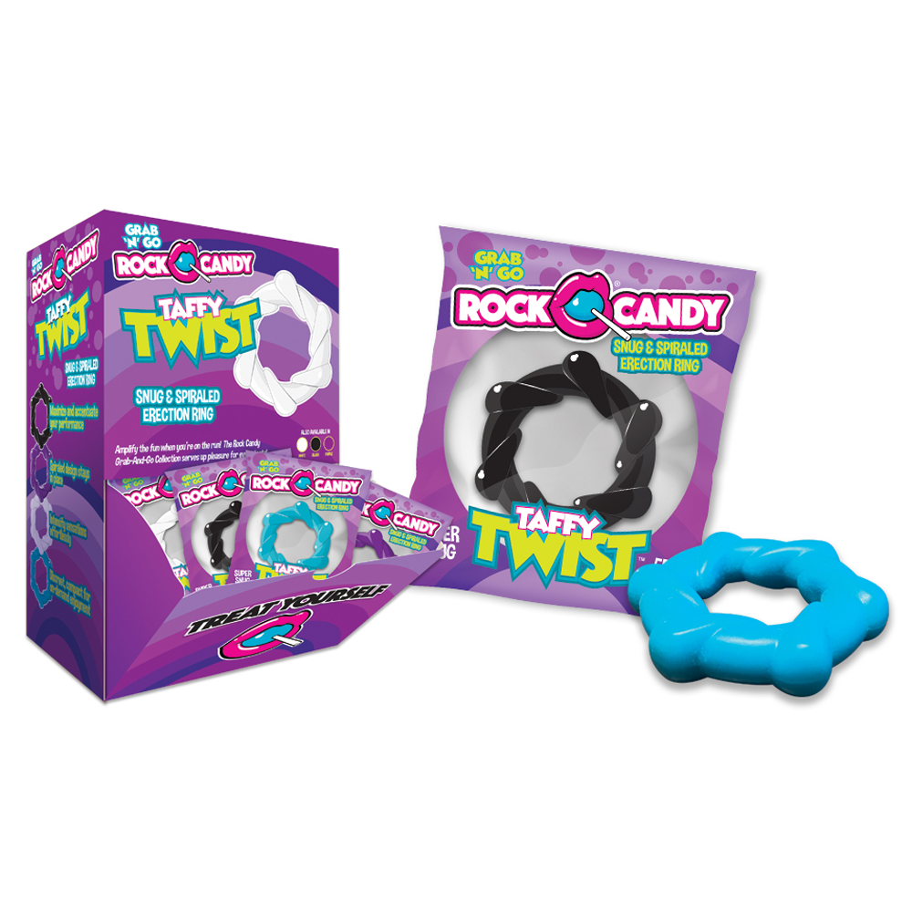 Taffy Twist textured C-rings in a display box and individual packaging.