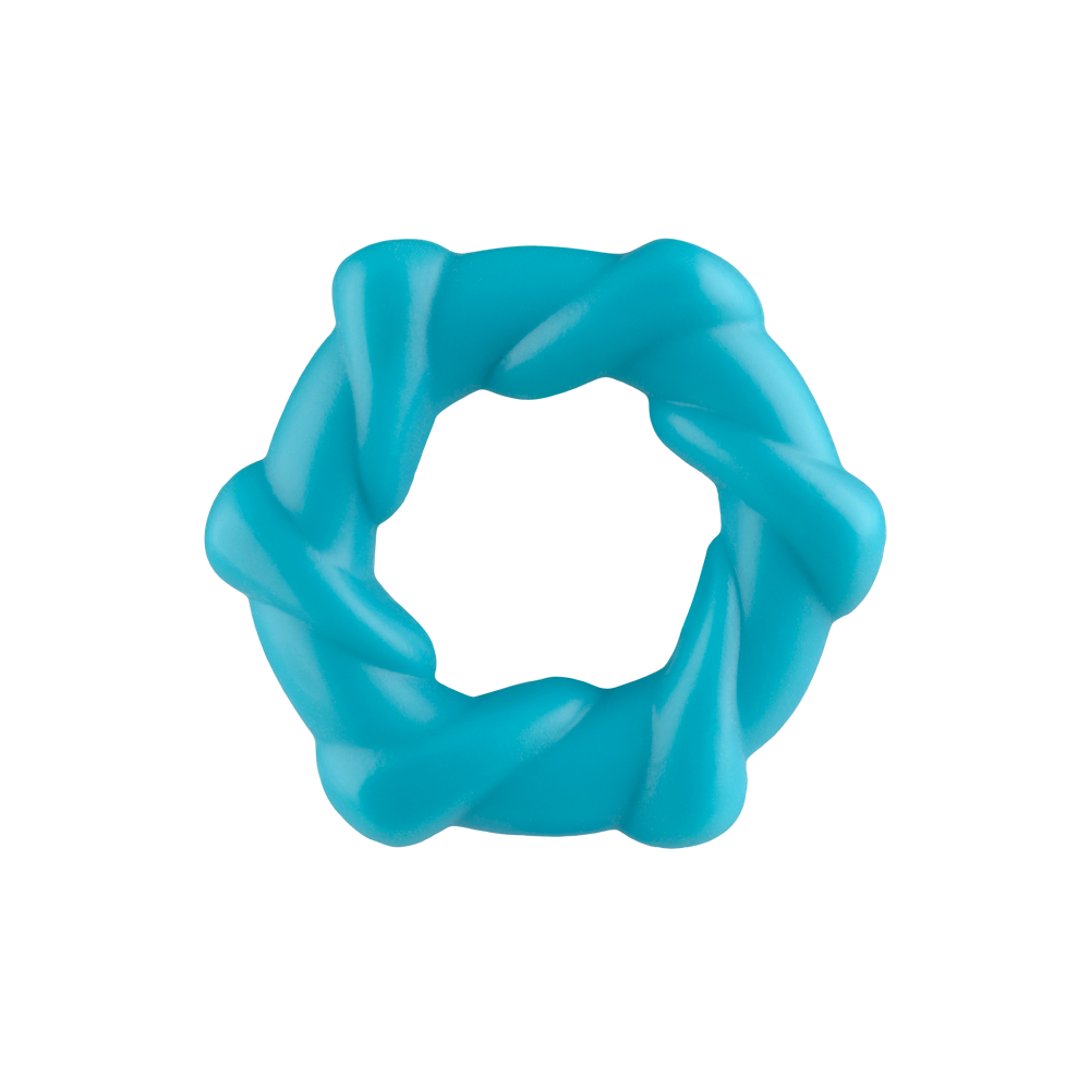 A blue, twisted ring with a textured surface.