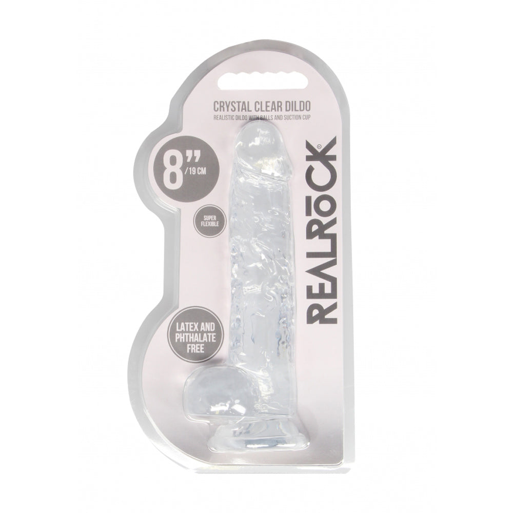 Clear 8-inch realistic dildo with balls and suction cup.