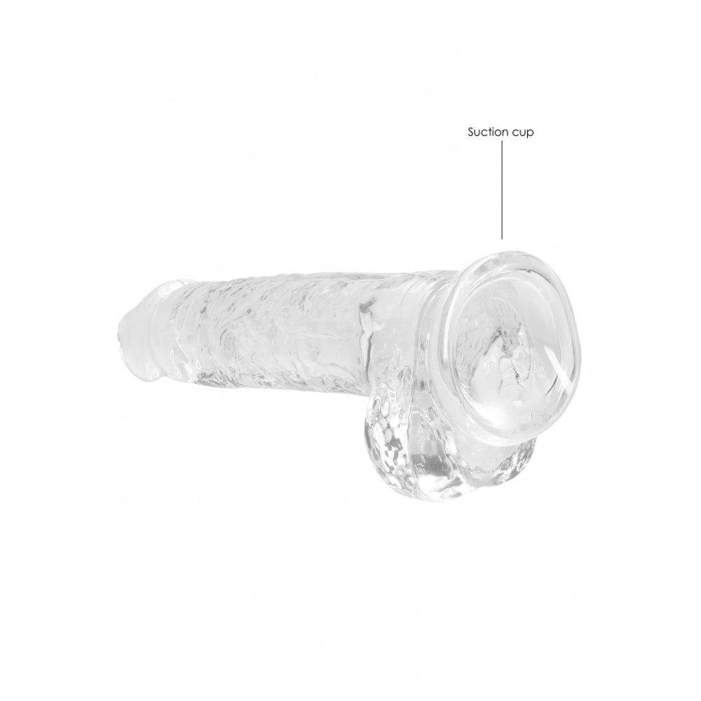 Clear suction cup dildo with textured shaft and realistic balls.