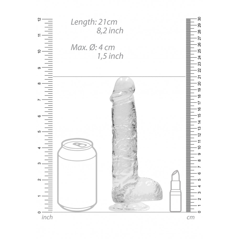 Clear 8-inch realistic suction cup dildo with balls, shown with size comparisons to a soda can and lipstick.