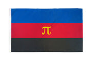 A polyamory pride flag with blue, red, and black horizontal stripes and a yellow pi symbol.