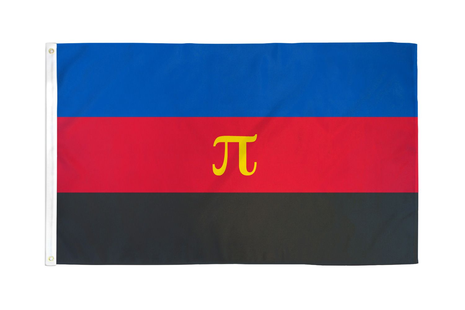 A polyamory pride flag with blue, red, and black horizontal stripes and a yellow pi symbol.