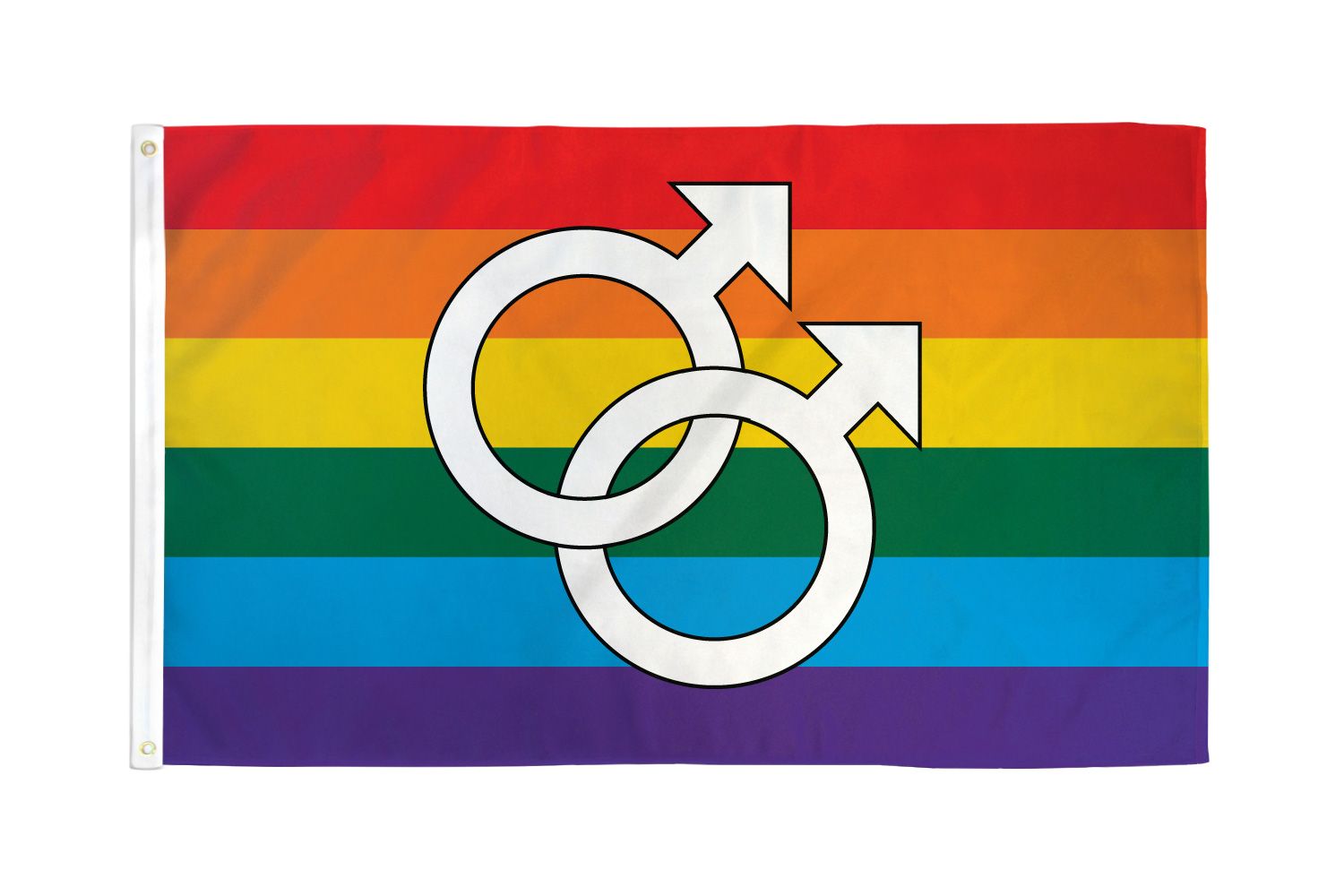 A rainbow flag with two interlocking male symbols.