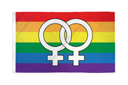 A rainbow flag with two interlocking white Venus symbols.