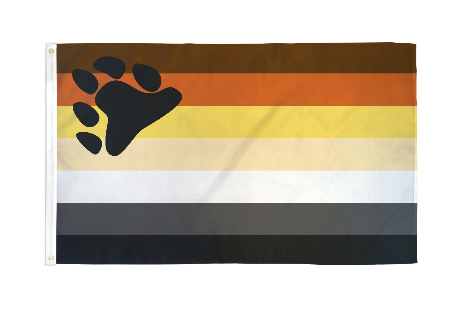 A bear pride flag with horizontal stripes and a black paw print.