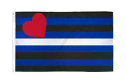 A transgender pride leather flag with horizontal black, blue, and white stripes and a red heart.