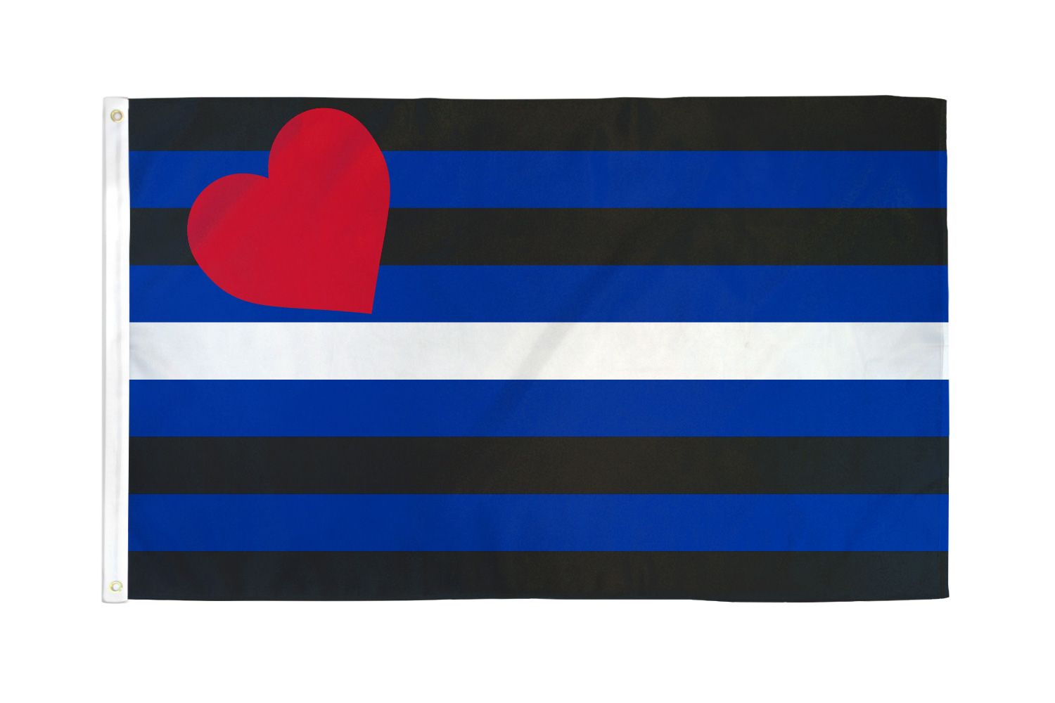 A transgender pride leather flag with horizontal black, blue, and white stripes and a red heart.