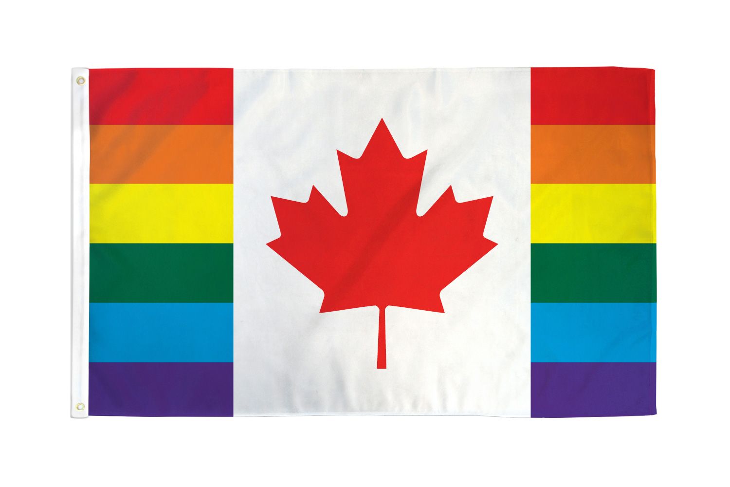 Canadian rainbow pride flag with a red maple leaf on a white background.