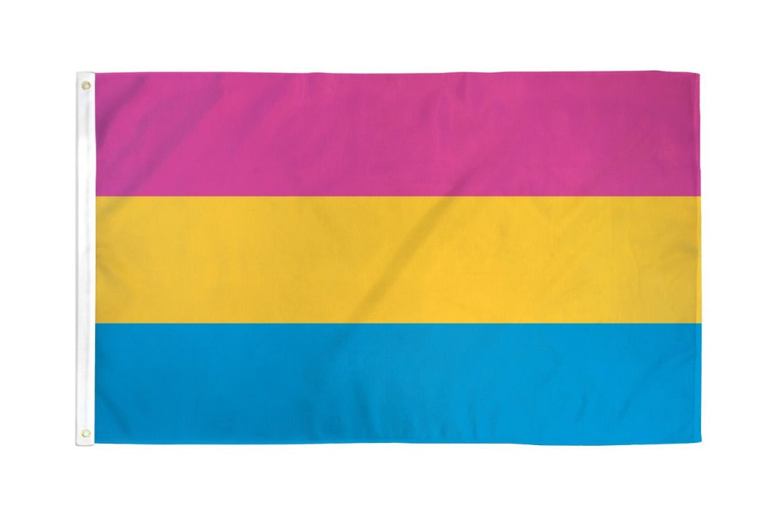 Pansexual pride flag with pink, yellow, and blue stripes.