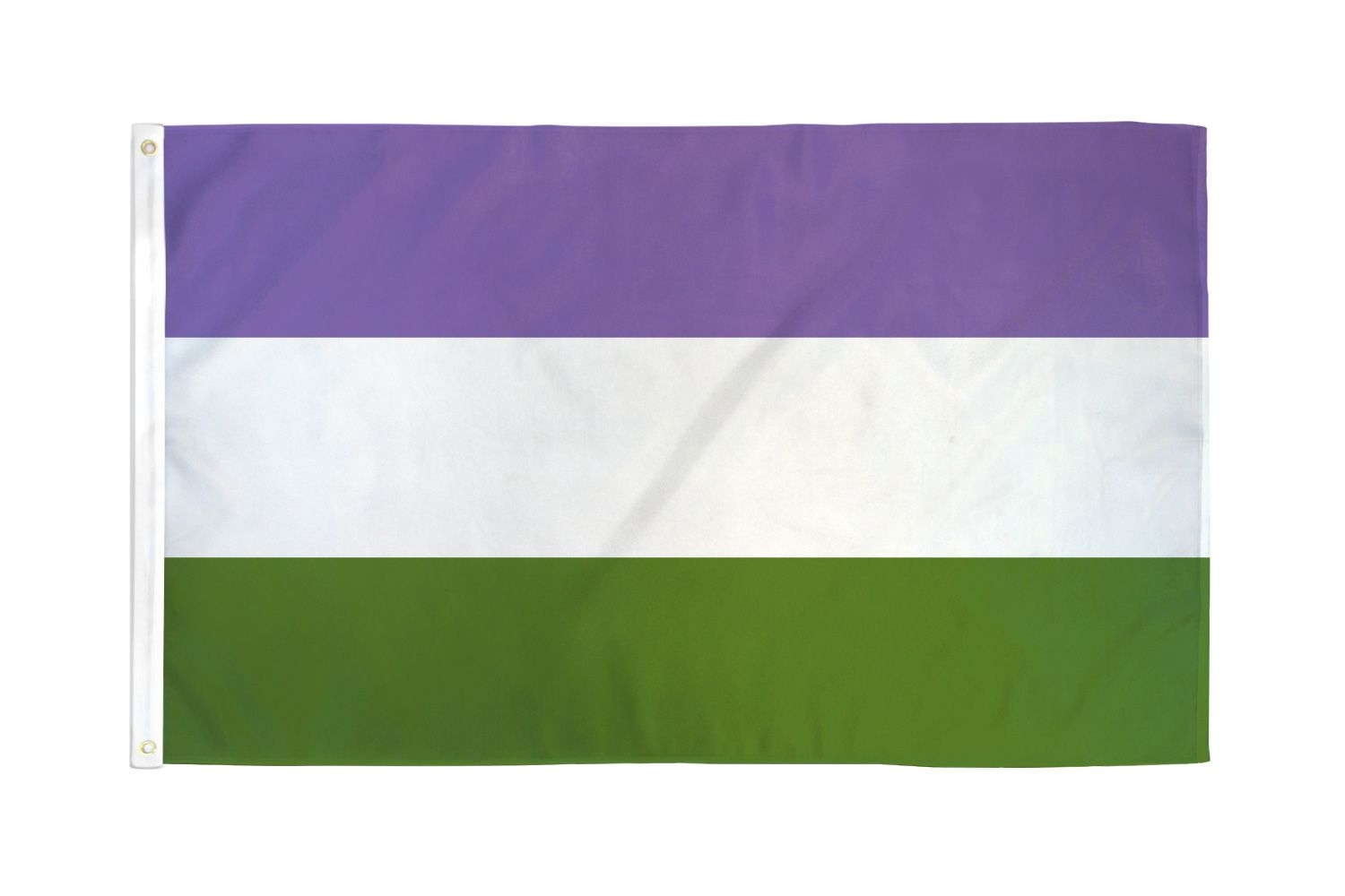 A genderqueer pride flag with purple, white, and green horizontal stripes.