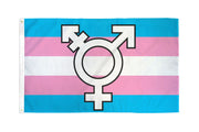 Transgender pride flag with blue, pink, and white stripes and a transgender symbol.