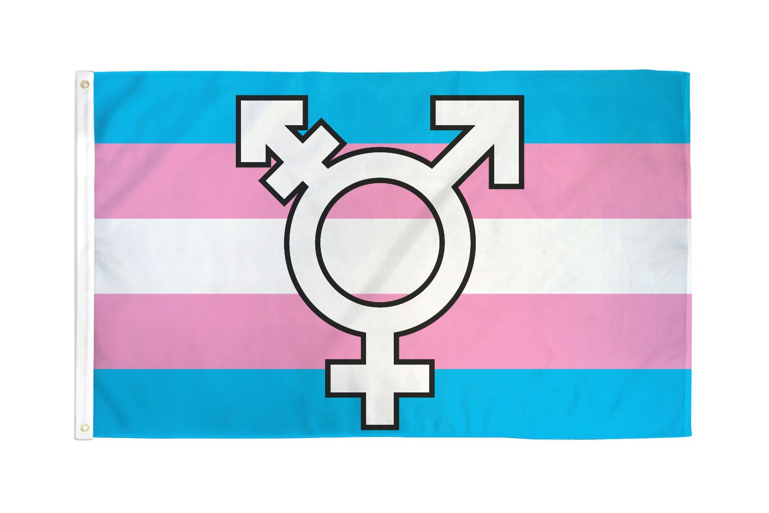 Transgender pride flag with blue, pink, and white stripes and a transgender symbol.