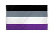 Asexual pride flag with black, grey, white, and purple stripes.