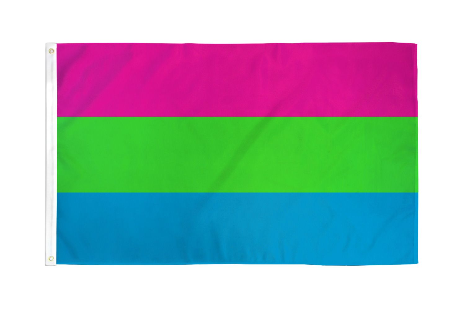A polysexual pride flag with three horizontal stripes of pink, green, and blue.