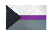 A demisexual pride flag with white, purple, and gray stripes and a black triangle.