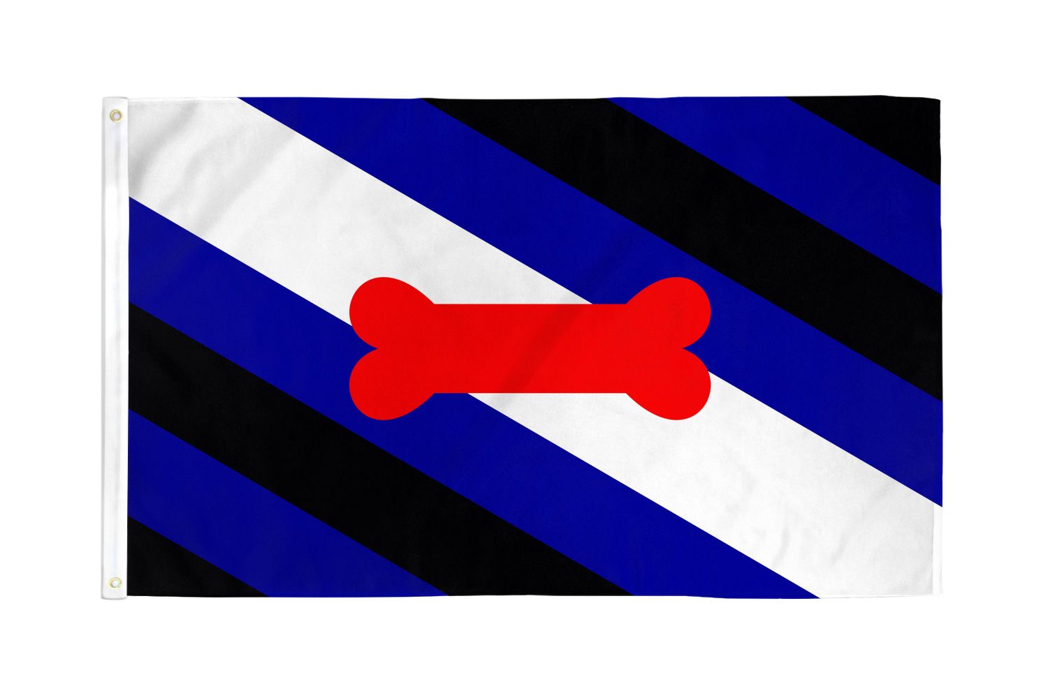 A Puppy Pride flag with blue, black, and white stripes and a red bone symbol.