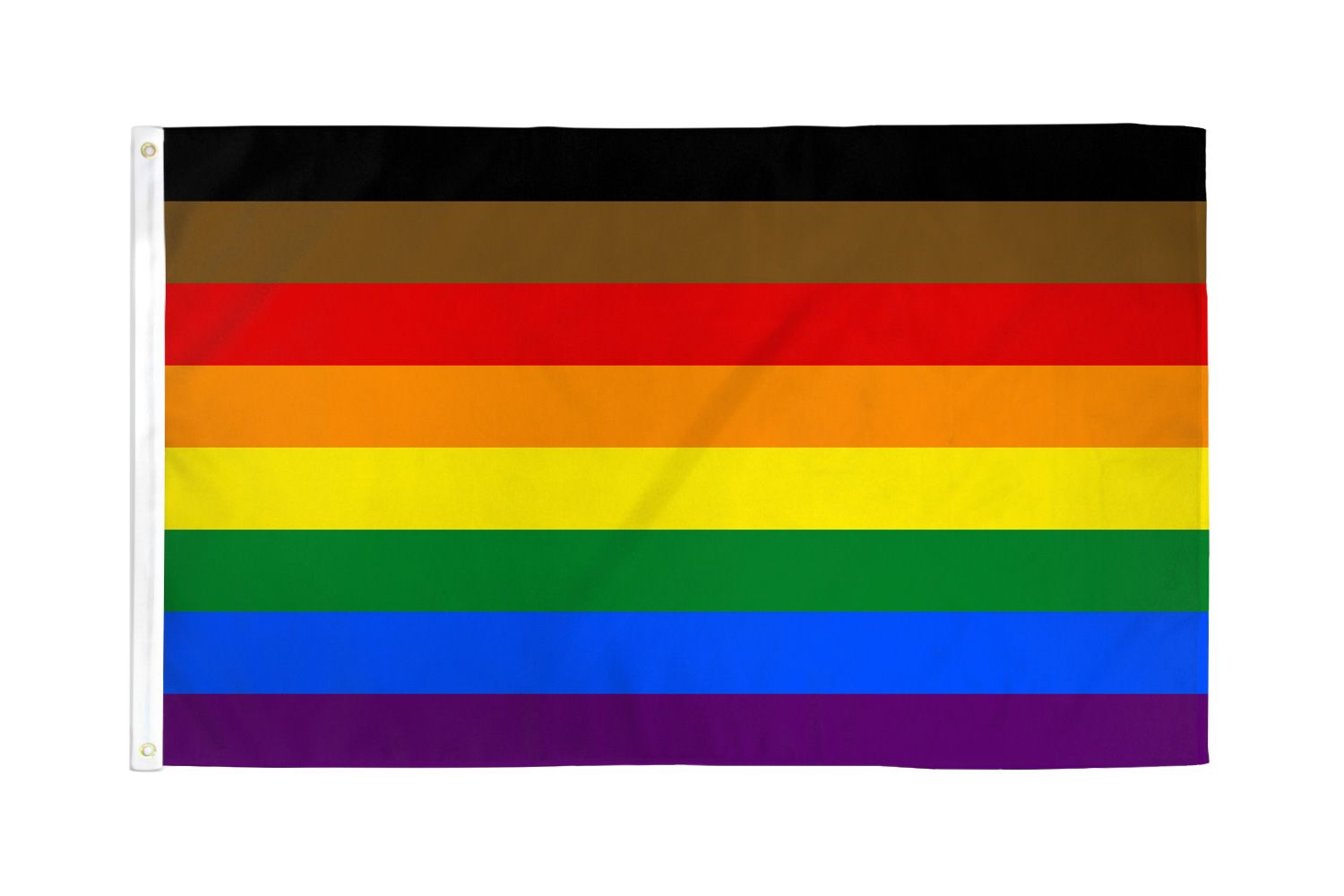 A 3x5ft polyester flag with horizontal stripes of black, brown, red, orange, yellow, green, blue, and purple.