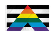 A Gay Straight Alliance flag with black and white stripes and a rainbow triangle.