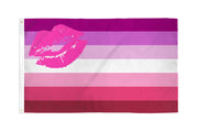 A lipstick lesbian pride flag with seven horizontal stripes and a pink lipstick kiss graphic.