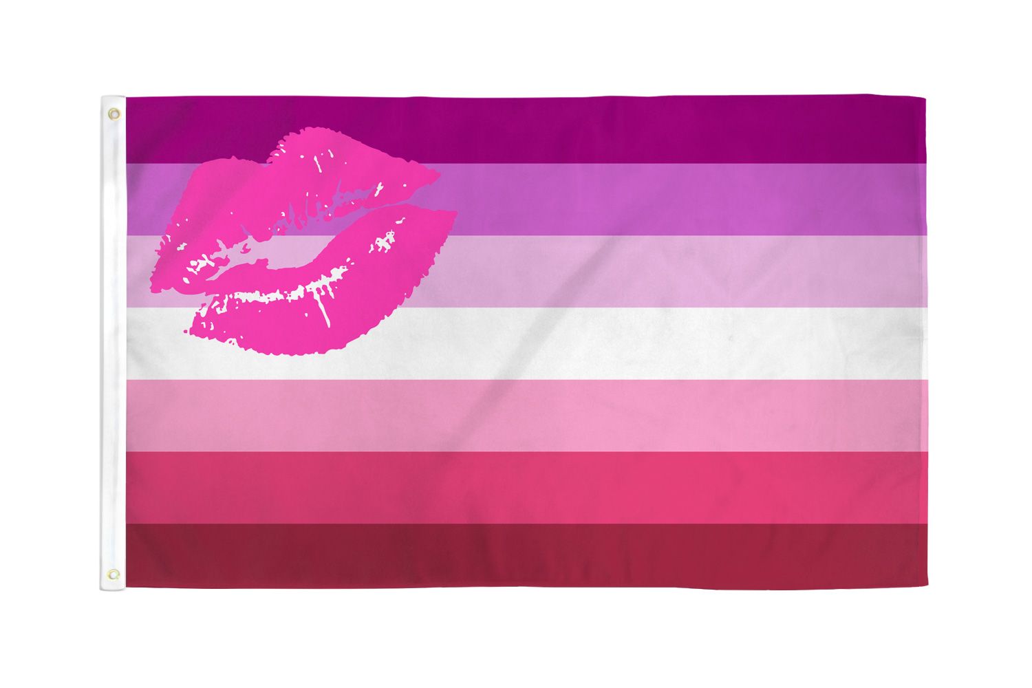 A lipstick lesbian pride flag with seven horizontal stripes and a pink lipstick kiss graphic.