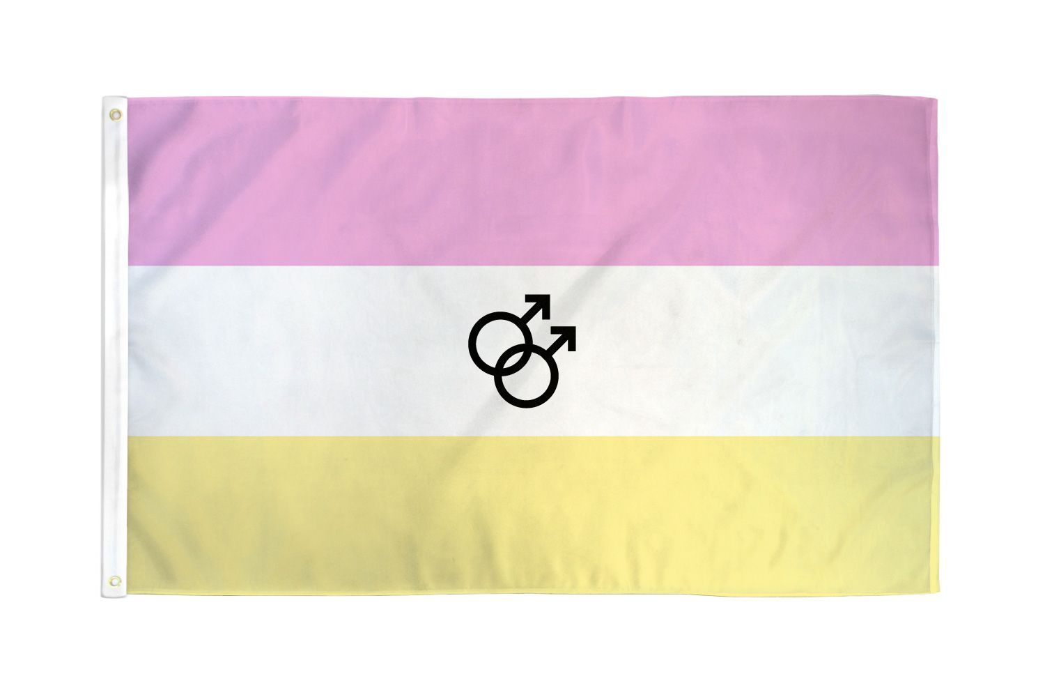 A Twink Pride flag with pink, white, and yellow stripes and two interlocking male symbols.