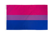 A bisexual pride flag with pink, purple, and blue horizontal stripes.