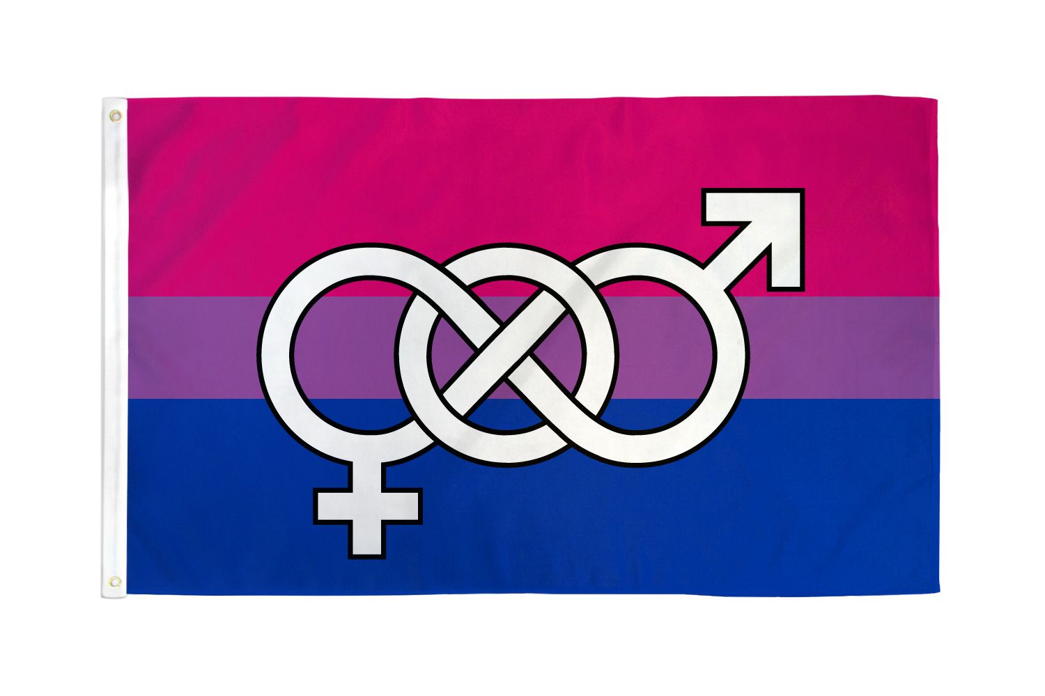 A bisexual pride flag with intertwined male and female symbols.