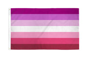 A Lesbian Pride flag with seven horizontal stripes in shades of pink and purple, and a white stripe.