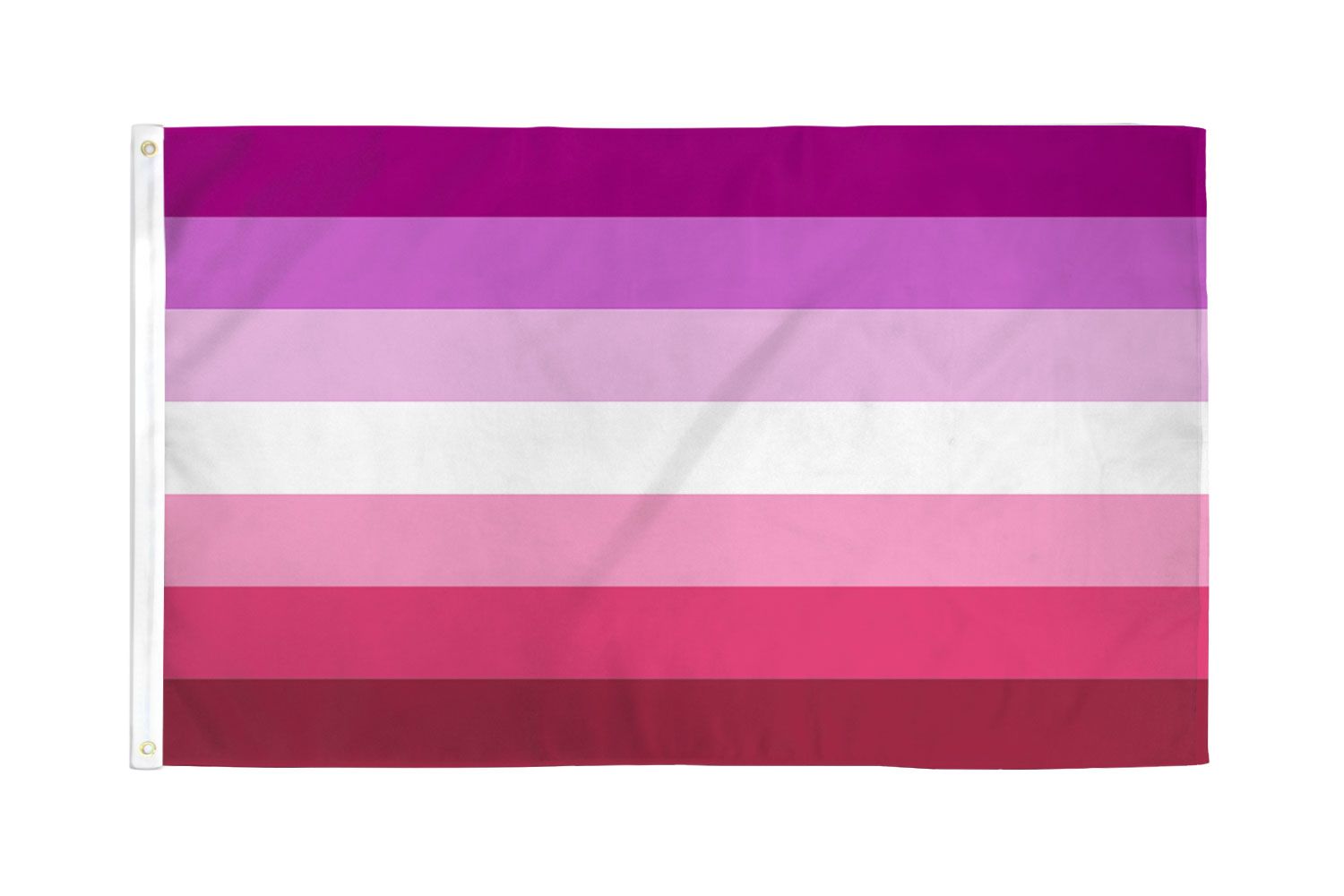 A Lesbian Pride flag with seven horizontal stripes in shades of pink and purple, and a white stripe.