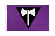 A purple flag with a black triangle containing a white labrys axe.