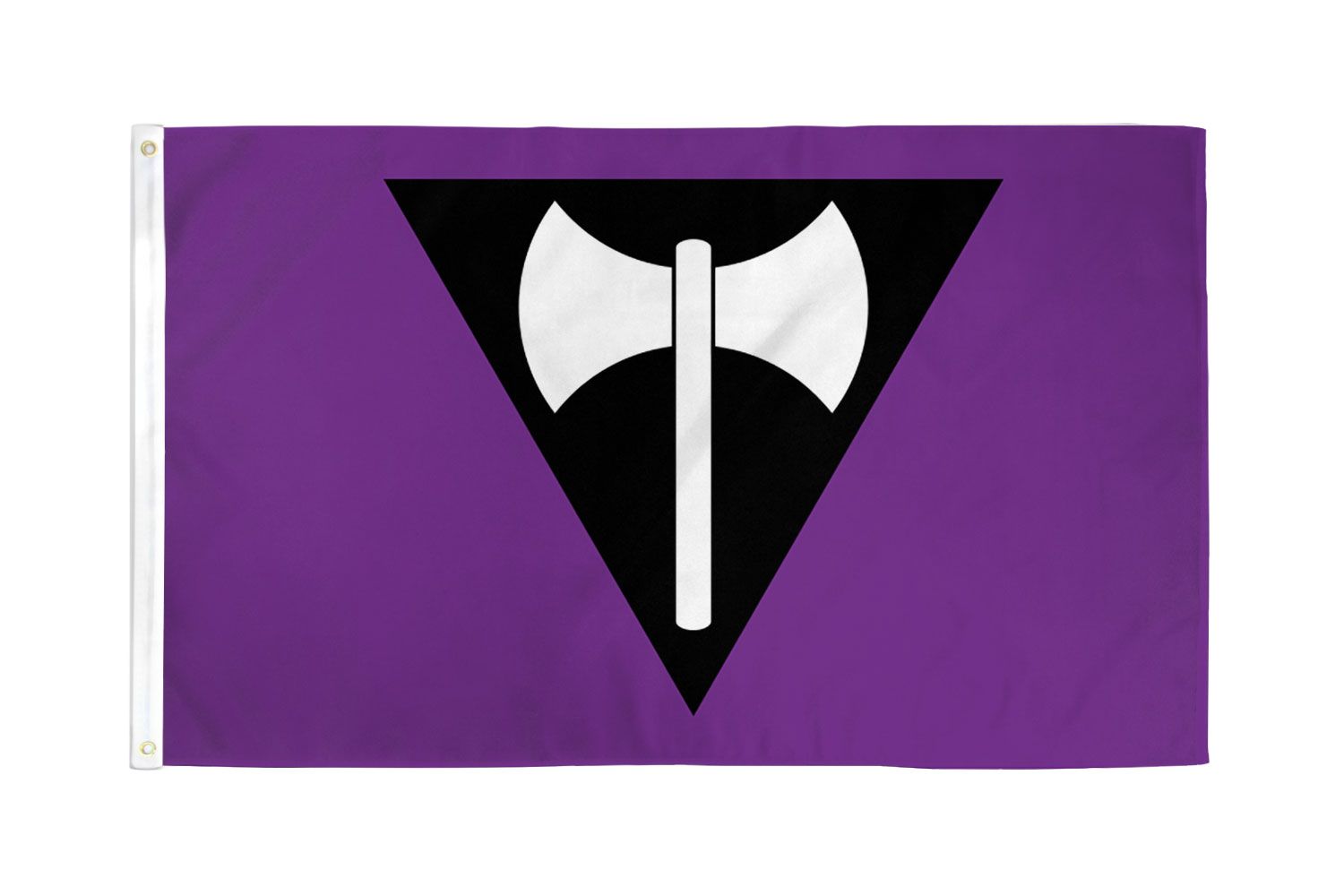 A purple flag with a black triangle containing a white labrys axe.