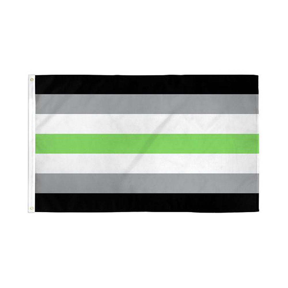 Agender pride flag with black, gray, white, and green stripes.