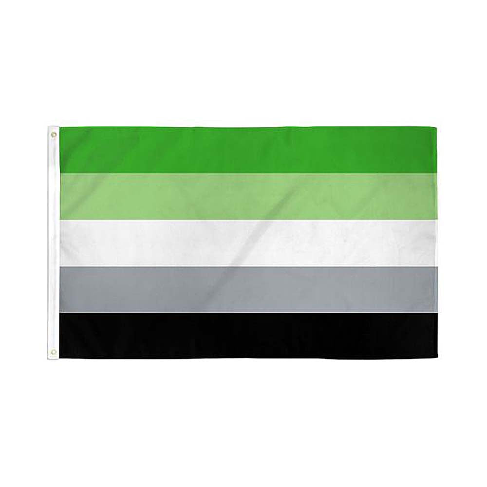 Aromantic pride flag with green, light green, white, gray, and black stripes.