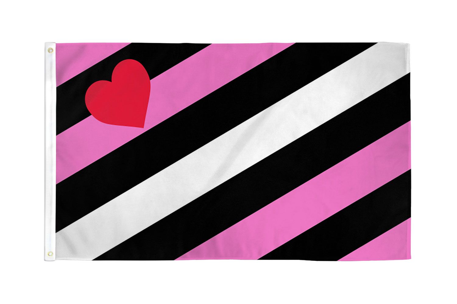 A leather girl pride flag with pink, black, and white diagonal stripes and a red heart.