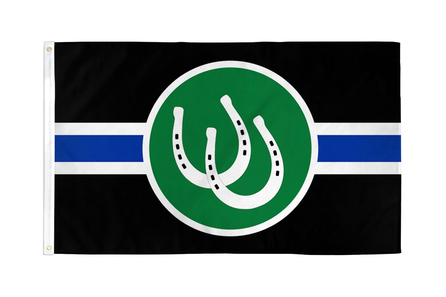 A flag with black background, a blue stripe, and a green circle with two white horseshoes.
